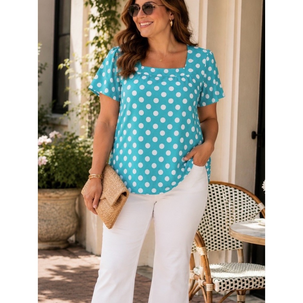 SUSAN GRAVER Liquid Knit Top 3X Flutter Sleeve Polka Dot Resort Vacation Office